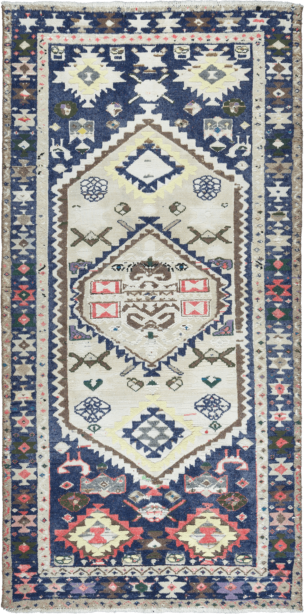 Patina Hamadan Rectangle White Blue Rug 3x7 Wool-Cotton