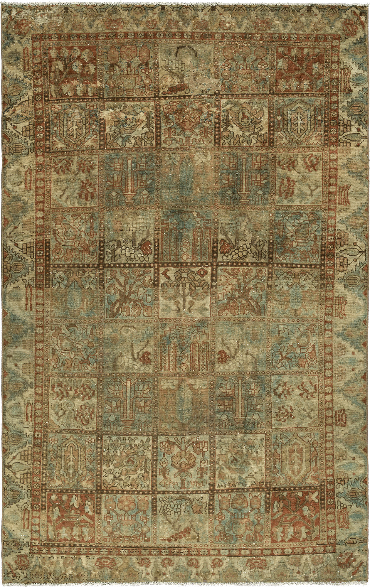 Modern Bakhtiari Rectangle Beige Green Rug 6x10 Wool-Cotton