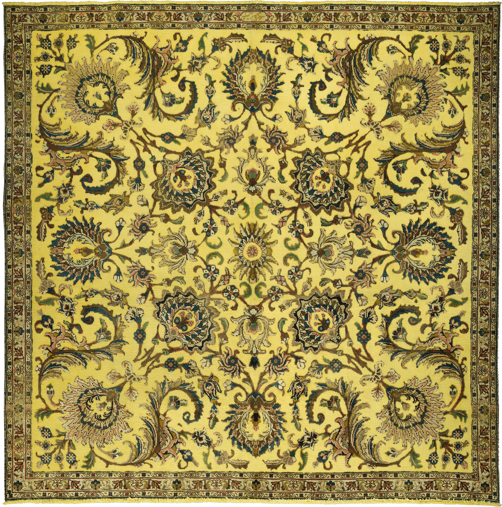 Colorful Vintage Tabriz Square Yellow Rug 8x8 Wool-Cotton