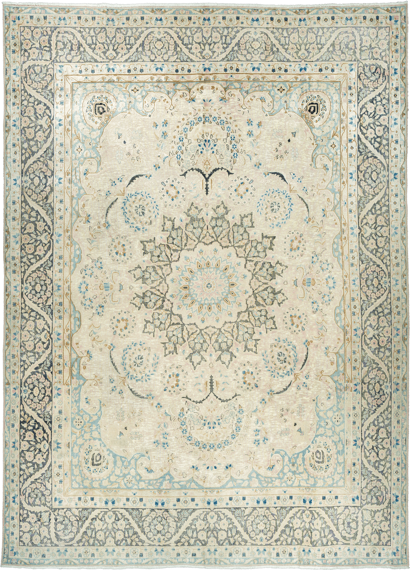 Modern Kerman Rectangle Beige Blue Rug 9x13 Wool-Cotton